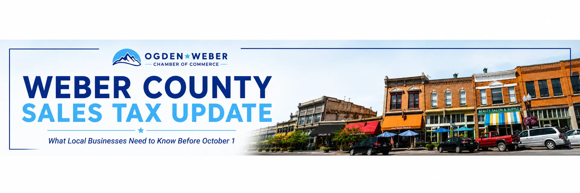 Ogden-Weber Chamber of Commerce graphic for the Weber County sales tax update, featuring downtown Ogden businesses and an October 1 deadline.